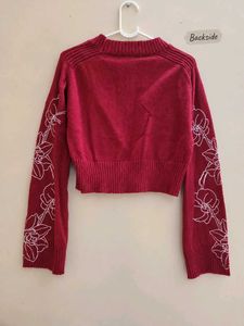 Maroon Floral Embroidered Cropped Knit Sweater