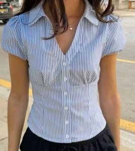 Chic Blue Striped Button-Up Top