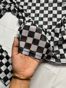 Checkerboard Mesh Long Sleeve Top