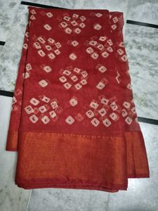 Red Bandhani Print Saree with Embellishments