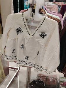 Embroidered White V-Neck Blouse