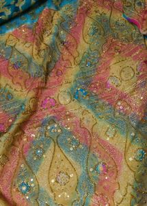 beautiful tissue fabric Embroidered Teal Blue Sare