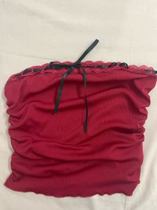 Red Ribbed Tube Top with Black Lace Trim
