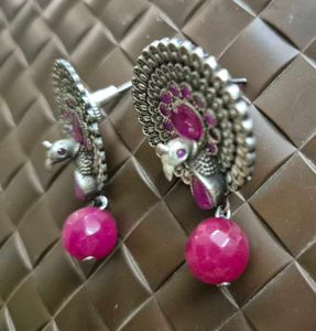 Peacock Design Earrings with Pink Stones