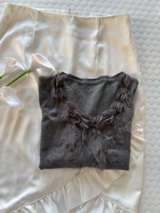 Elegant Grey Cardigan with Embellished Neckline