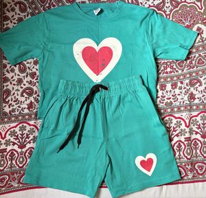 Heart Print Teal T-Shirt & Shorts Set