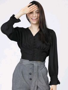 Black Cropped Button-Up Top
