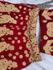 Bridal Red Velvet Lehenga Choli with Golden Embroi
