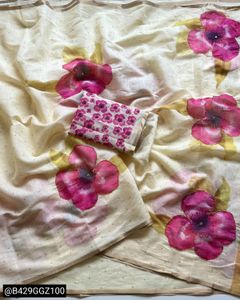 Elegant Cream Saree with Pink Floral Print