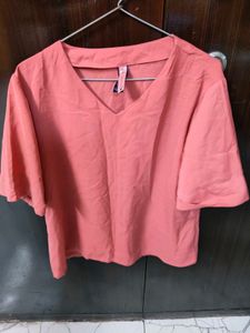 Coral V-Neck Flutter Sleeve Top