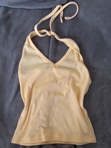 Light Yellow Halterneck Ribbed Tank Top