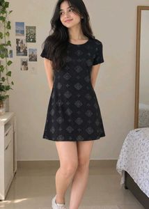 Korean Black Mini Dress with Geometric Print