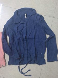 Blue Textured Button-Up Top