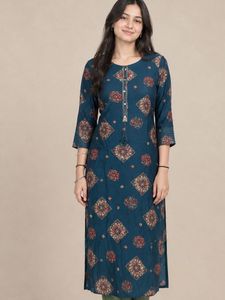 Teal Printed Straight Kurta