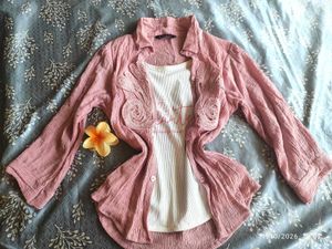 Chic Pink Crinkle Top &amp; White Tee Set