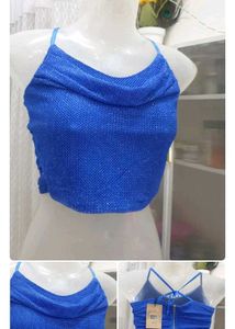 Sparkly Blue Ruched Zip-Up Crop Top