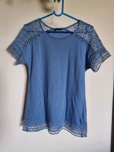 Marks & Spencer Blue T SHIRT w Crochet 36"