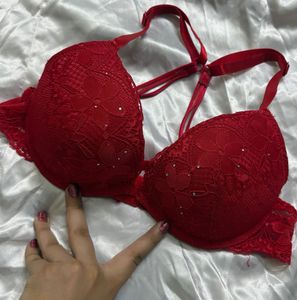 Red Lace Bra with Rhinestones
