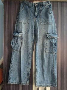 Trendy Wide Leg Denim Cargo Pants