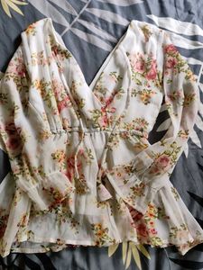 White Floral Print V-Neck tunic Top| Chiffon