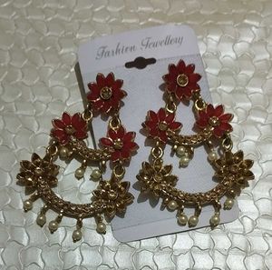 New Red & Gold Flower Dangle Earrings