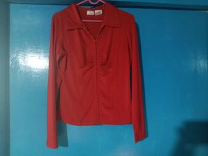 Red Ruched Front Button Up Top