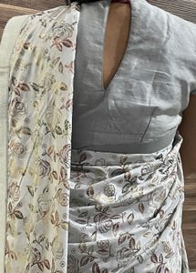 Saree With Grey Silver Tone And Stitched Blouse