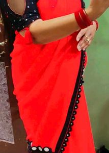 Vibrant Red Saree with Black Embellished Blouse