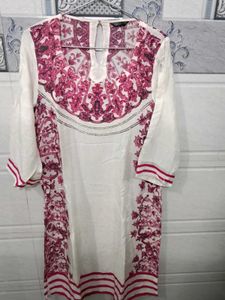 White Kurta with Pink Print and sequins on sleeves