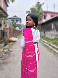 Vibrant Pink Striped pure cotton khadi Saree