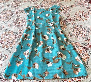 Aqua Floral Print Cap Sleeve Dress