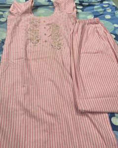 Pink Striped Kurta Set with Embellishment
