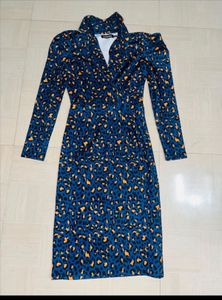 Blue Leopard Print Midi Dress