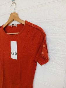 Rust-Colored Button-Detail T-Shirt