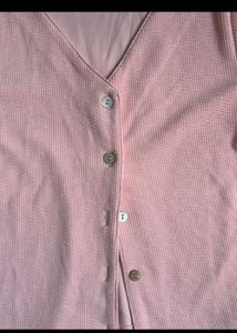 Pink Ribbed V-Neck Button-Up Top
