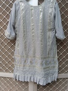 Grey Kurti With Plazo And Dupatta Flaw Less