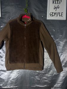 Brown Corduroy &amp; Knit Zip-Up Jacket