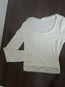 White Lace Trim Long Sleeve Top