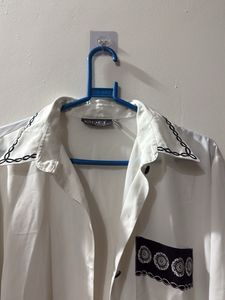 White Button-Up Tunic with Black Embroidery