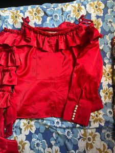 Chic Red Ruffle Cold Shoulder Top