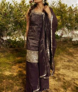 Elegant Dark Purple Kurta Set with Silver Embellis