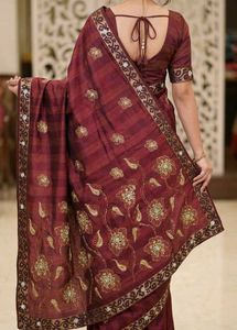 Maroon Embroidered Saree with stitched blouse