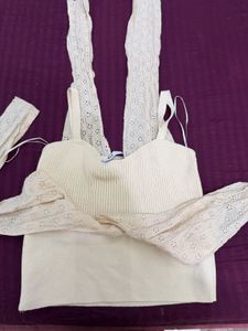 Zara Cream Eyelet Tie-Strap Crop Top