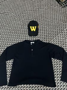 Men's Black Long Sleeve Henley Shirt & Cap