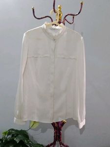 Elegant White Sheer Button-Up Blouse