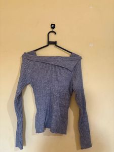Grey Ribbed Off-Shoulder Sweater