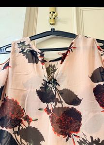 Light Pink/ beige Floral Cold Shoulder kurti