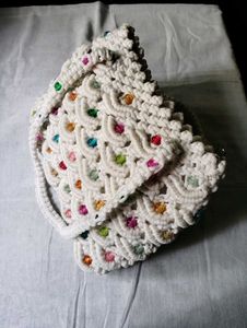 Handmade Off-white Macrame Bag with Beads
