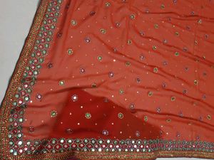 Orange Embroidered Saree with Mirror Work
