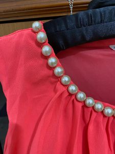Coral Pink Dress with Pearl Neckline